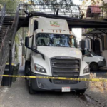 Трак застрял под пешеходным мостом, когда тракдрайвер объезжал плохо припаркованный фургон